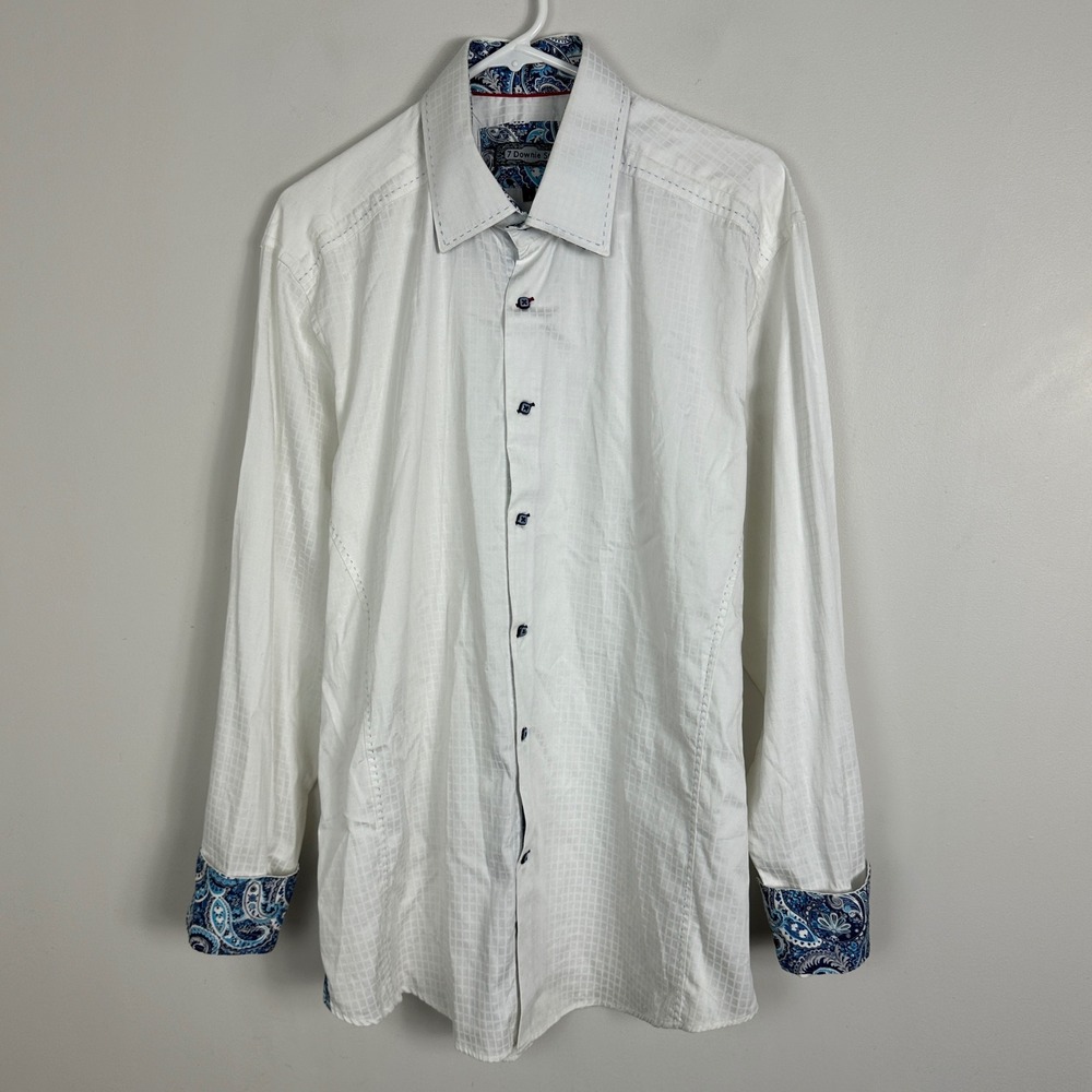 7 Downie St. Mens Button Up Shirt Size 6 or XL White Flip Cuff Long Sleeve Blue